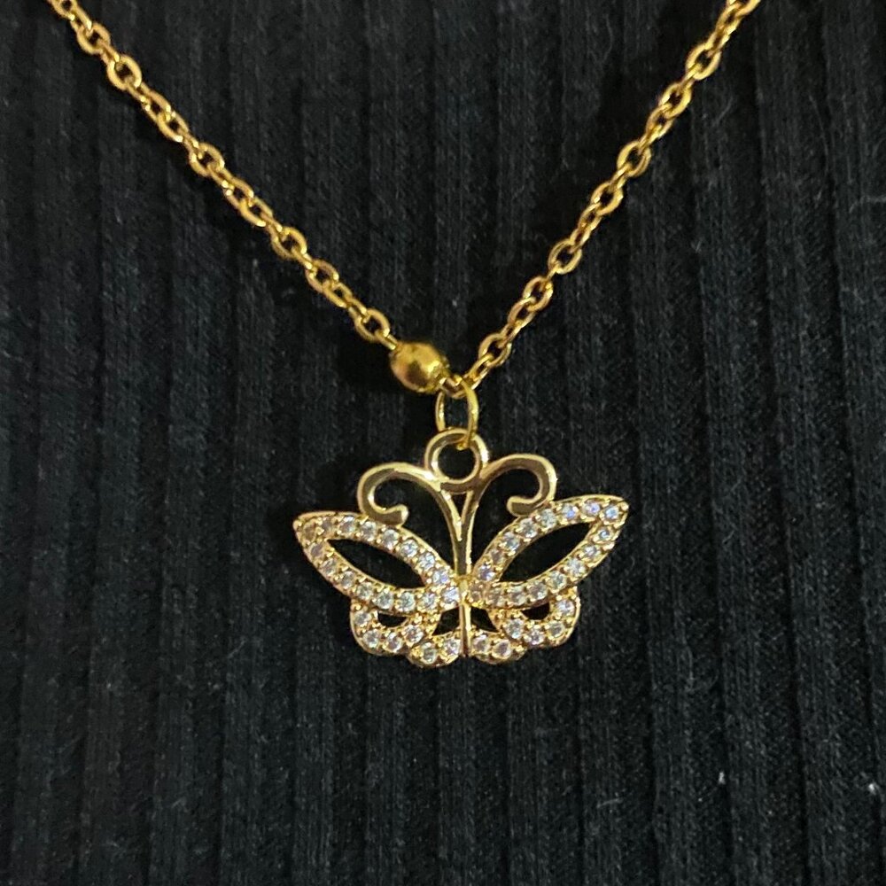 women Gold stainless steel Butterfly necklace with zircon stone